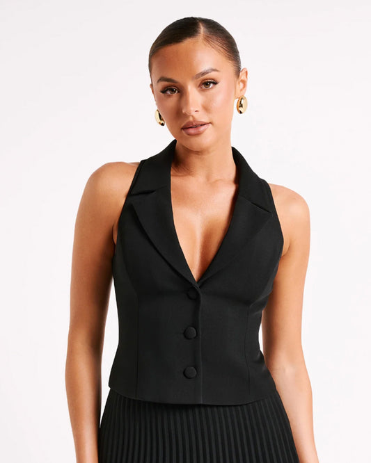 topwear,tops, waist coat,formal, semi-formal, outdoor events,creative workwear, minimal, summer,stretchable,polyester, spandex,black,solid,tailored fit,waist coat,waist length,lapel collar,sleeveless,25010064GG, OY1708
