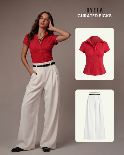 Red waist fitted shirt with white pants with Belt