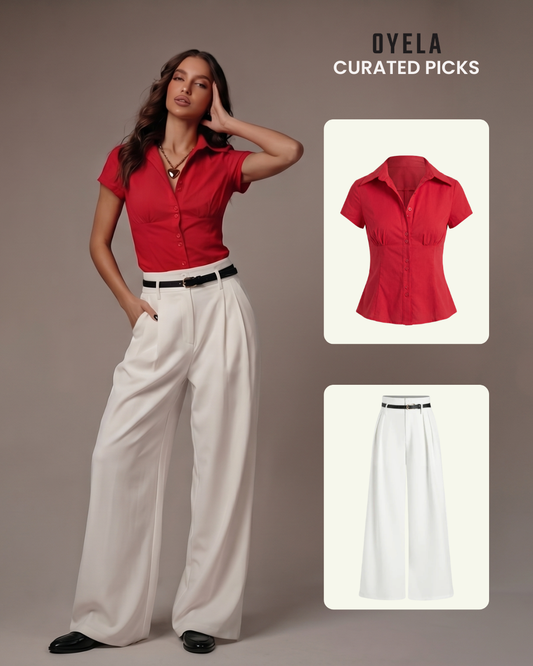 Red waist fitted shirt with white pants with Belt