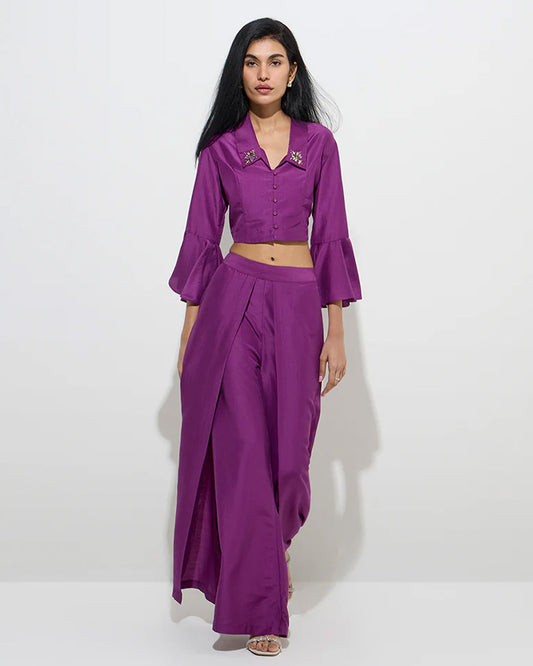 coord sets,bottomwear, topwear,party, outdoor events,festive, glam, indo western, minimal, soft girl,woven,santoon,embroidered,plum,solid,panelling,bead, rhinestone,regular fit top,crop top,crop top,flared hem,lapel collar,no straps,flounce sleeve,three quarter sleeves,button up,pants,panelled flare pants,full length,flared hem,mid rise waist,oy3033,25070060GG