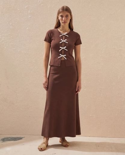 Brown Ribbed Bow Top And Skirt Set