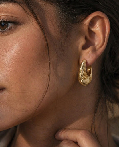 Golden Ribbed Drop Hoop Earrings