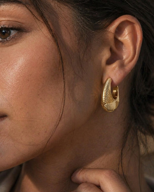 Golden Ribbed Drop Hoop Earrings