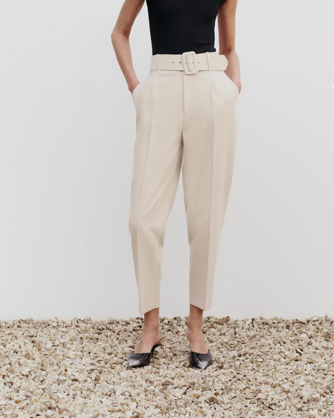 Tapered Stretch Pants With Belt Beige
