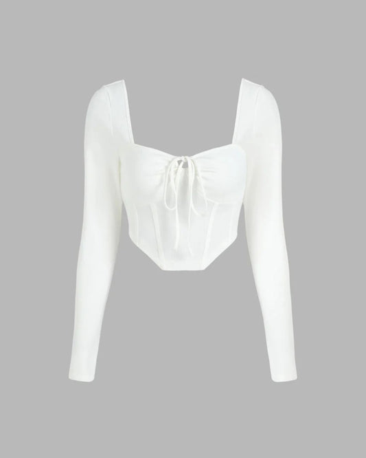 TIE-UP NECK CORSET TOP,asymmetric, casual, corset, crop, knitted, long sleeves, ruched, single jersey, solid, square neck, streetwear, stretchable, tailored fit, tops, topwear, white,tie-up-neck-corset-top-white,Color- WhiteFabric- RibbedType- CorsetFit- Tailored Fit Length- CropNeck- Square NeckSleeves- Long SleevesPrint- SolidDetails- Tie-up ruched neck