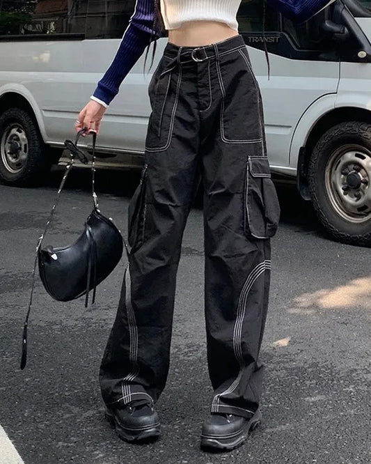 contrast-stitch-baggy-belted-cargo-black-oy1233,24110013GG72,bottomwear,cargos,casual,streetwear,woven,poplin,black,patch pocket, side pockets,belt,baggy fit,cargo,full length,high rise,Color: Black
Fabric: Poplin
Fit: Baggy Fit 
Length: 40 inches
Waist: High Rise
Closure: Zip & Button
No. of Pockets: 6
Print: Solid
Detail: Contrast stitching highlights the distinctive details and features of the cargo.,CONTRAST STITCH BAGGY BELTED CARGO