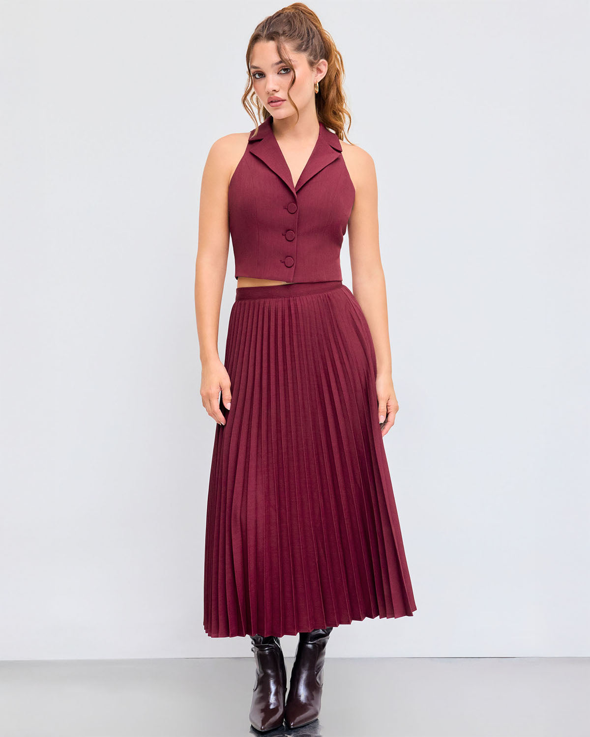 coord sets,bottomwear, topwear,casual chic, formal, semi-formal,minimal, sophisticated, summer, timeless,woven,satin,maroon,solid,pleated,button, zipper,tailored fit top,vest,waist length top,straight hem,lapel collar,no straps,no sleeves,sleeveless,button down top,skirts,pleated skirt,midi skirt,straight hem,mid rise waist,no pockets OY3044, 25070017GG