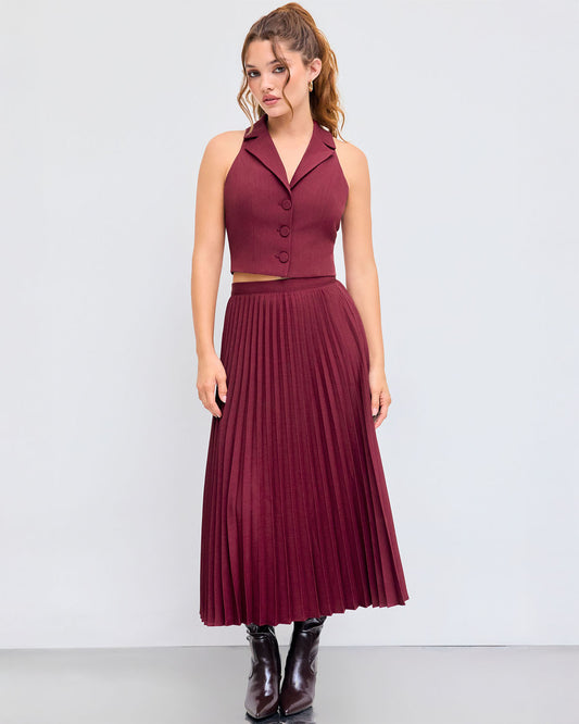 coord sets,bottomwear, topwear,casual chic, formal, semi-formal,minimal, sophisticated, summer, timeless,woven,satin,maroon,solid,pleated,button, zipper,tailored fit top,vest,waist length top,straight hem,lapel collar,no straps,no sleeves,sleeveless,button down top,skirts,pleated skirt,midi skirt,straight hem,mid rise waist,no pockets OY3044, 25070017GG