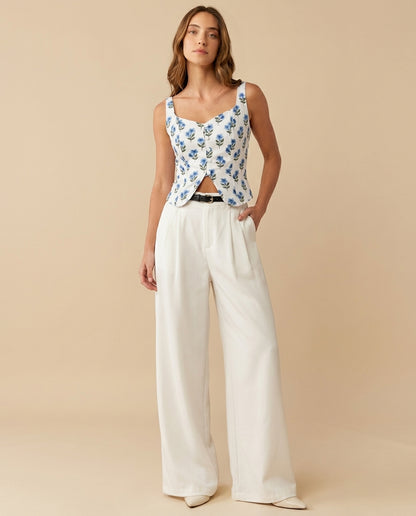 Printed Floral Corset Top With Pleated Korean Pants (Belt Included)