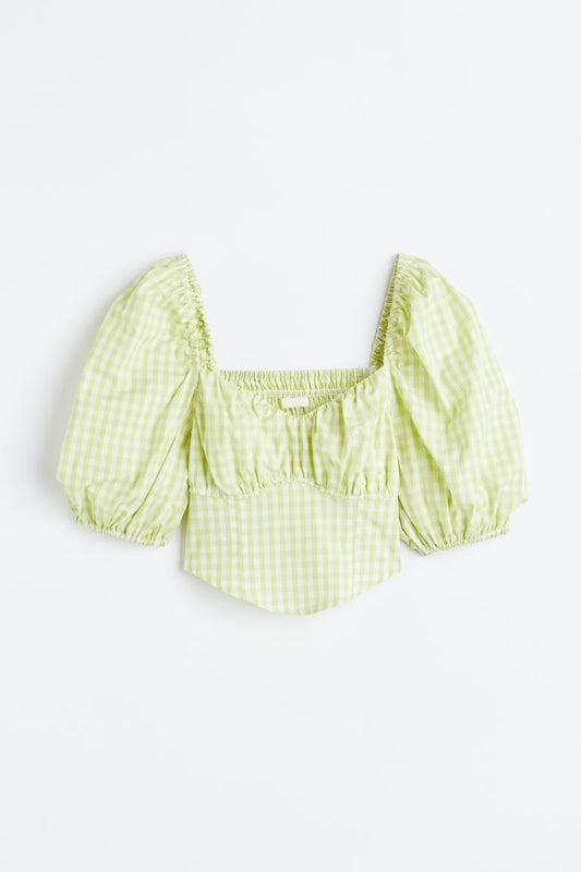 CHECKERED BLOUSE TOP,blouse, casual, checkered, cotton, crop, diamond neck, green, puff sleeves, slim fit, soft girl, summer, three quarter sleeves, tops, topwear, vacation, woven,bustier-crop-checkered-light-green-top,Neck - Sweetheart neck
 Sleeve - Puff sleeve
 Fit - Slim fit
 Print/Pattern - Checkered
 Color - Light green
 Material - Cotton
 Detail - Asymmetric hem and elasticated back