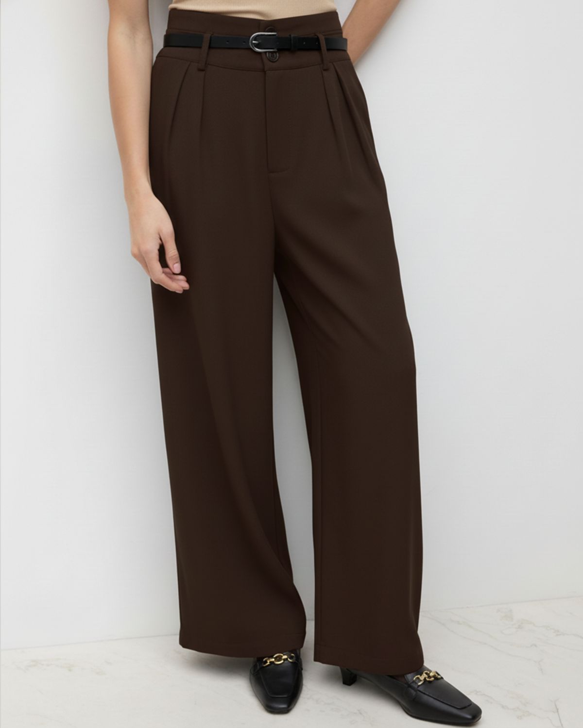 bottomwear,pants,semi-formal,business outfit,stretchable,polyester, spandex,dark brown,pleated,tailored fit,wide leg,full length,high rise, OY-959- DARK BROWN, 25090072GG