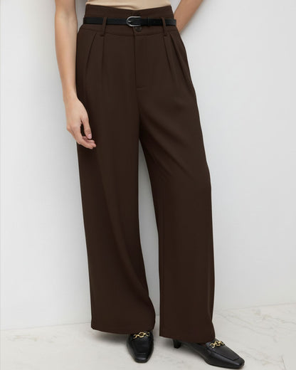 bottomwear,pants,semi-formal,business outfit,stretchable,polyester, spandex,dark brown,pleated,tailored fit,wide leg,full length,high rise, OY-959- DARK BROWN, 25090072GG