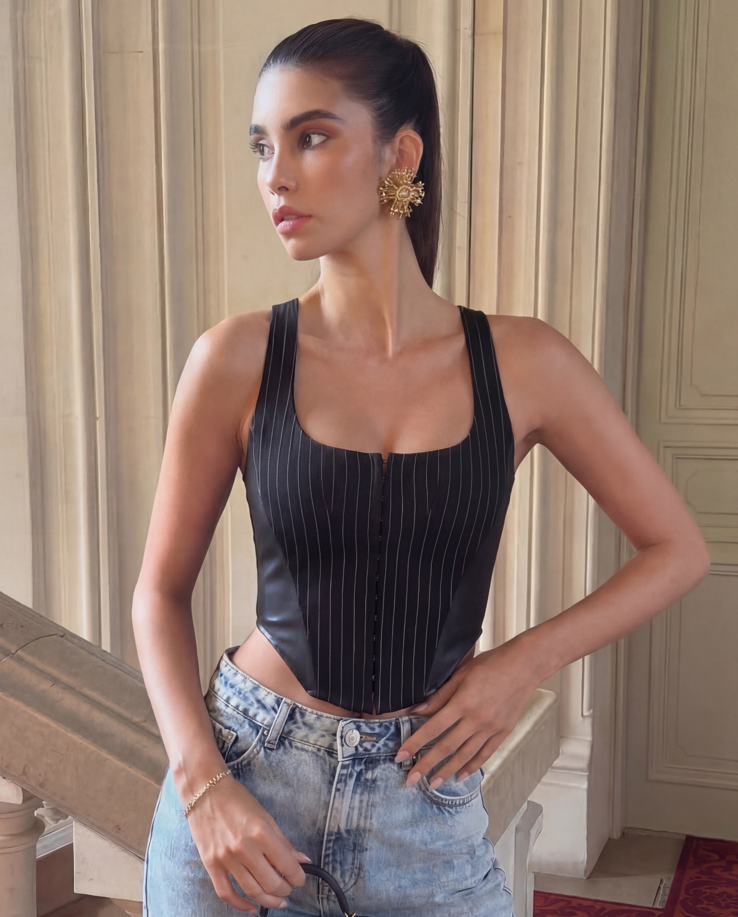 Pinstripes Curved Hem Corset Top