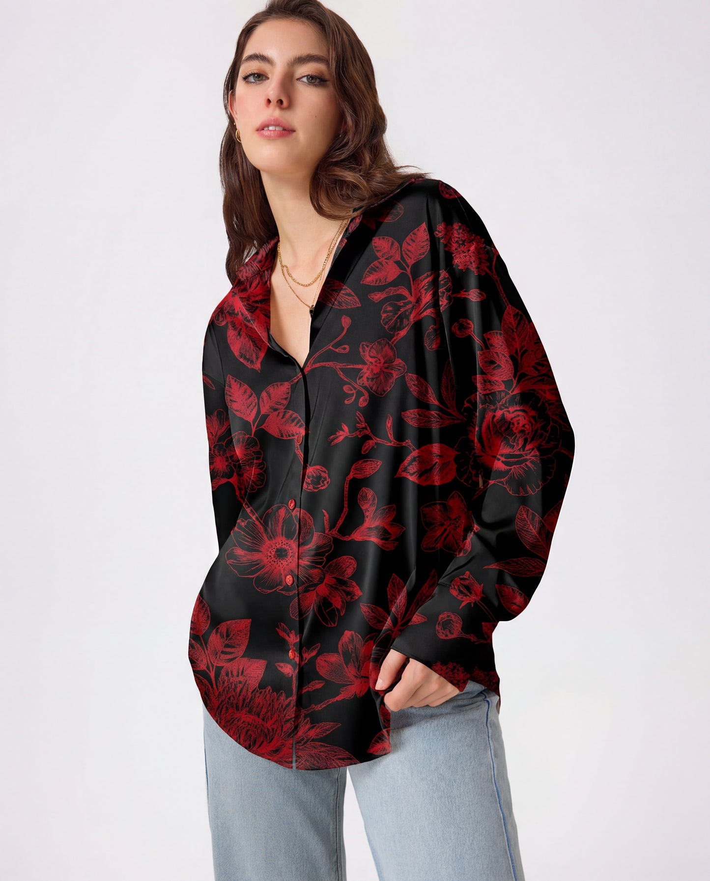 Deep Red Florals Satin Shirt