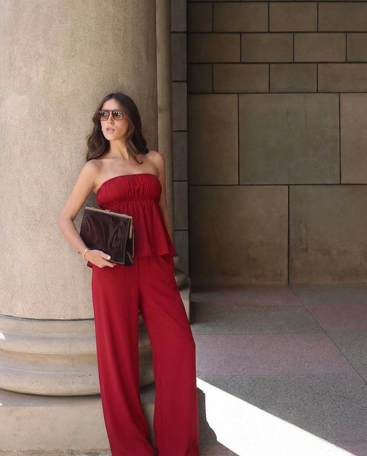 Cherry Red Bandeau Top And Pants Co Ord Set