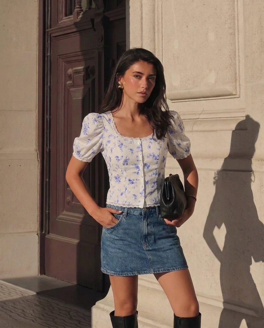 White Florals Lace-Trim Fitted Button-Up Top