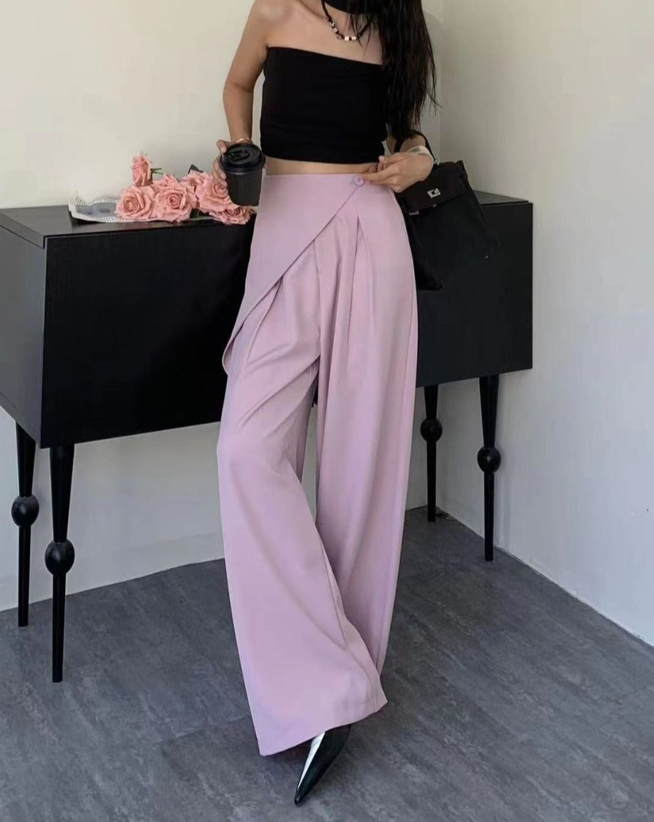 WRAP FRONT WIDE LEG PANTS,bottomwear, full length, high rise, pants, pink, pleated, polyester, relaxed fit, semi-formal, streetwear, summer, wide leg, woven,wrap_front_wide_leg_pants_pink,Color- PinkFabric- Polyester Type- Wide LegFit- Relaxed Fit Length- Full Length(41in)Waist- High RiseClosure- Zip &amp; ButtonPrint- SolidDetail- Pleated &amp; Wrap Front