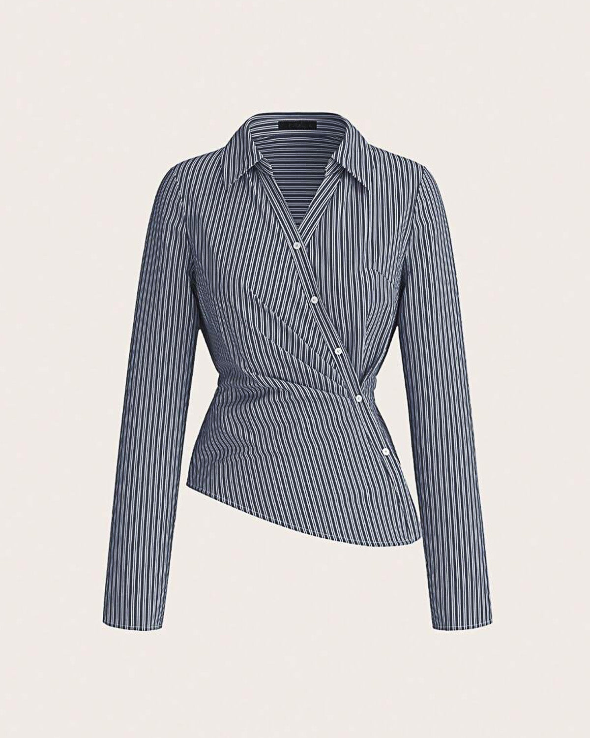 topwear,shirts,casual, casual chic, semi-formal,gen z, millenial, minimal, summer,woven,crepe,dark blue,stripes,contrast,button,regular fit,shirt,regular length,asymmetric hem,collared,set in sleeves,long sleeves	OY2136, 25090027GG