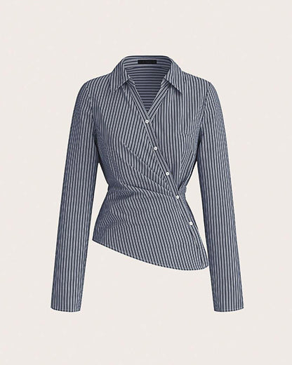 topwear,shirts,casual, casual chic, semi-formal,gen z, millenial, minimal, summer,woven,crepe,dark blue,stripes,contrast,button,regular fit,shirt,regular length,asymmetric hem,collared,set in sleeves,long sleeves	OY2136, 25090027GG
