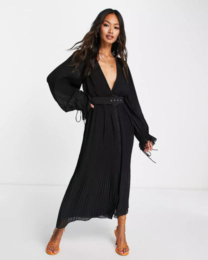 pleated-midi-dress-black,PLEATED MIDI DRESS,Color: Black
Fabric: Georgette
Type: A-Line
Fit: Regular Fit
Length: Midi
Neck: Plunge Neckline
Sleeve: Bishop Sleeve
Closure: Button
Trims: Belt
Print: Solid
Details: Pleated Fabric,dresses,dresses,party,glam,woven,georgette,black,solid,pleated,belt,regular fit,a line,midi,plunge neckline,bishop sleeves,long sleeves,deep back