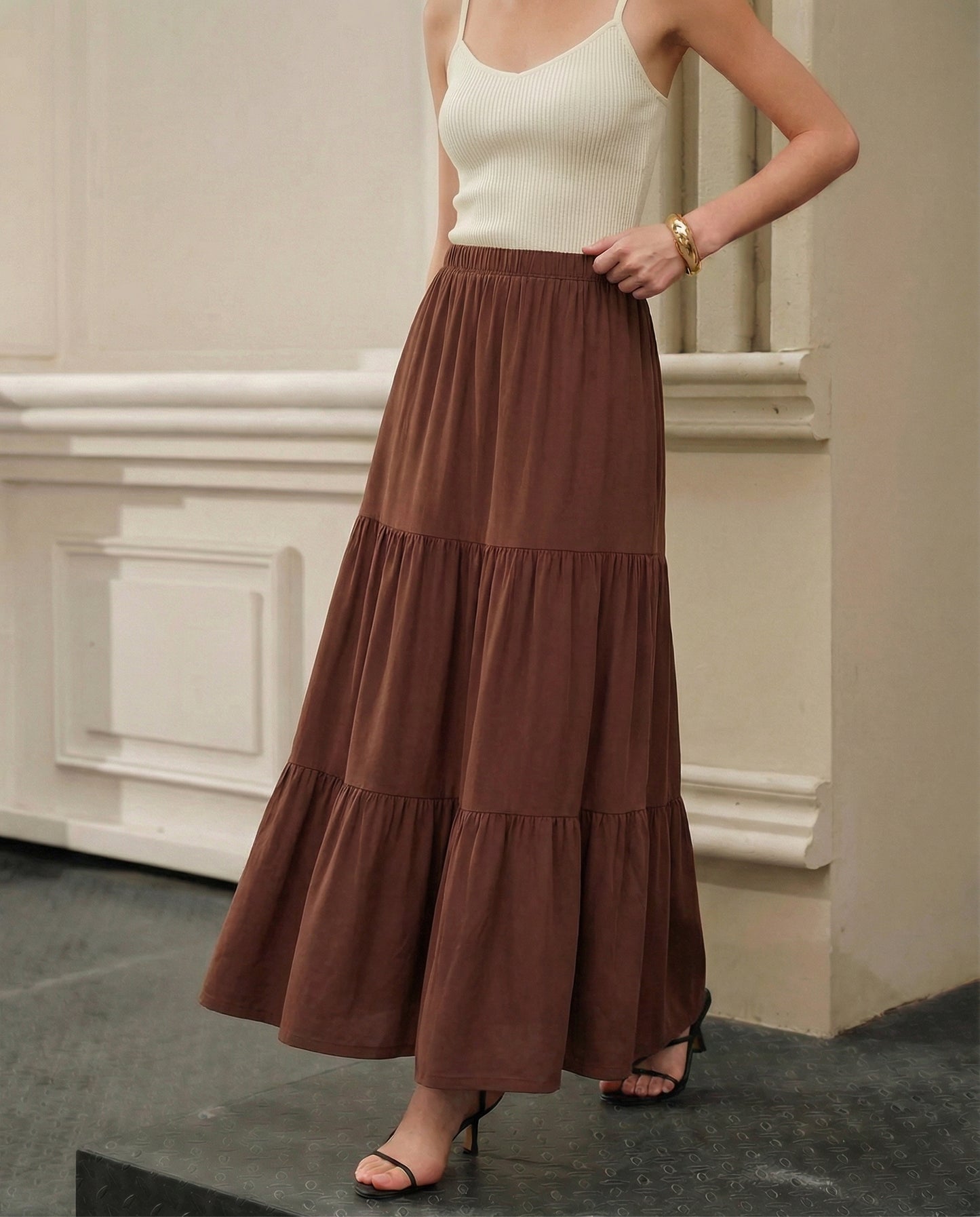 Tiered Brown Long Skirt