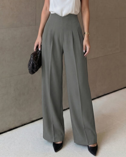bottomwear,pants,semi-formal,business outfit,stretchable,polyester, spandex,light grey,pleated,straight fit,straight,full length,high rise, OY956- light grey, 25090070GG