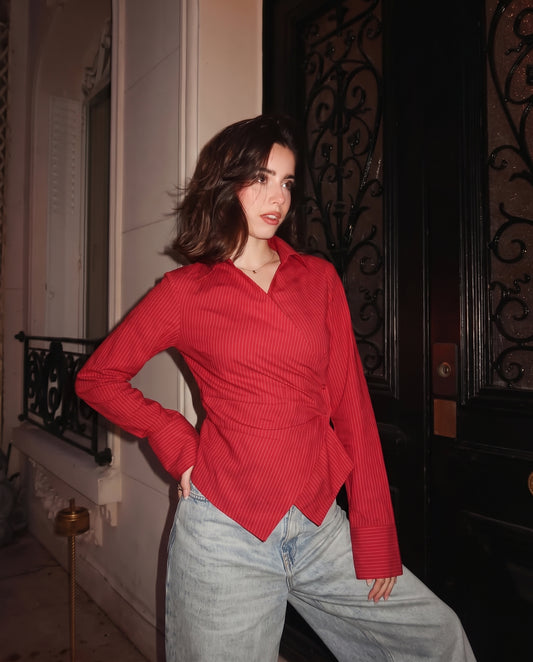 Sculpted Wrap Pinstripe Shirt - Cherry Red