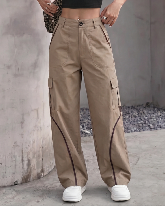Curved Stripe Baggy Fit Brown Cargo Pants