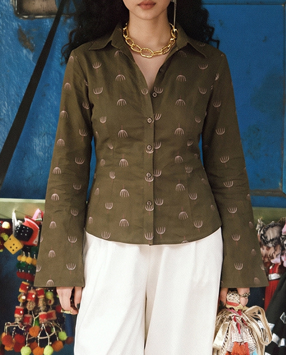 Olive Block Print Bell Sleeve Top