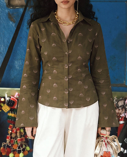 Olive Block Print Bell Sleeve Top