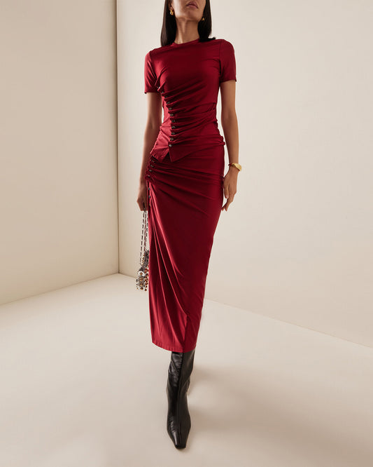 coord sets,bottomwear, topwear,casual chic, vacation, outdoor events, minimal, summer, urban fit, ,knitted,polyester, spandex,gathers,red,solid,fabric gathers,buttons,slim fit top,fitted top,waist length top,straight hem,crew neck,no straps ,short sleeves,short sleeves,slip on,skirts,slit  skirt,ankle length,straight hem,mid rise waist,no pockets,OY3062, 25070031GG