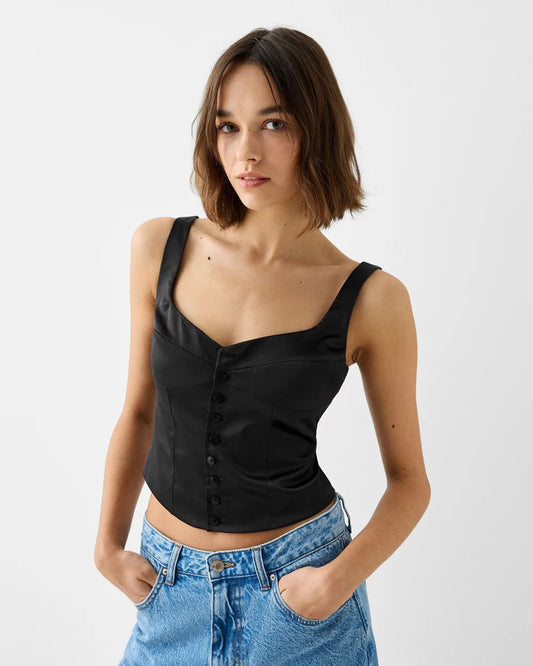 topwear,tops,semi-formal, outdoor events,creative workwear, minimal, sophisticated, summer,woven,satin,black,solid,button,tailored fit,fitted,waist length,diamond neck,shoulder strap,sleeveless, 25040006GG, OY610