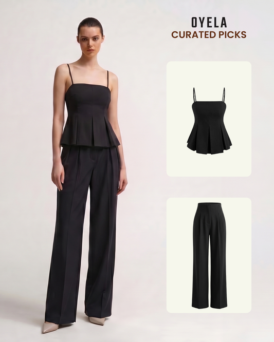 Black Pleated Spaghetti Top and Smocked Detail Korean Trousers
