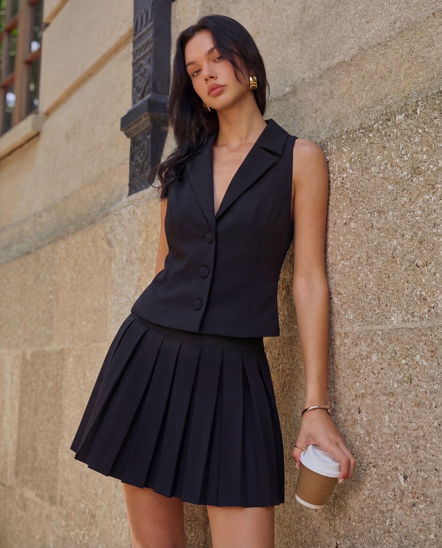 Tailored Waist Coat with Pleated Black Mini Skirt