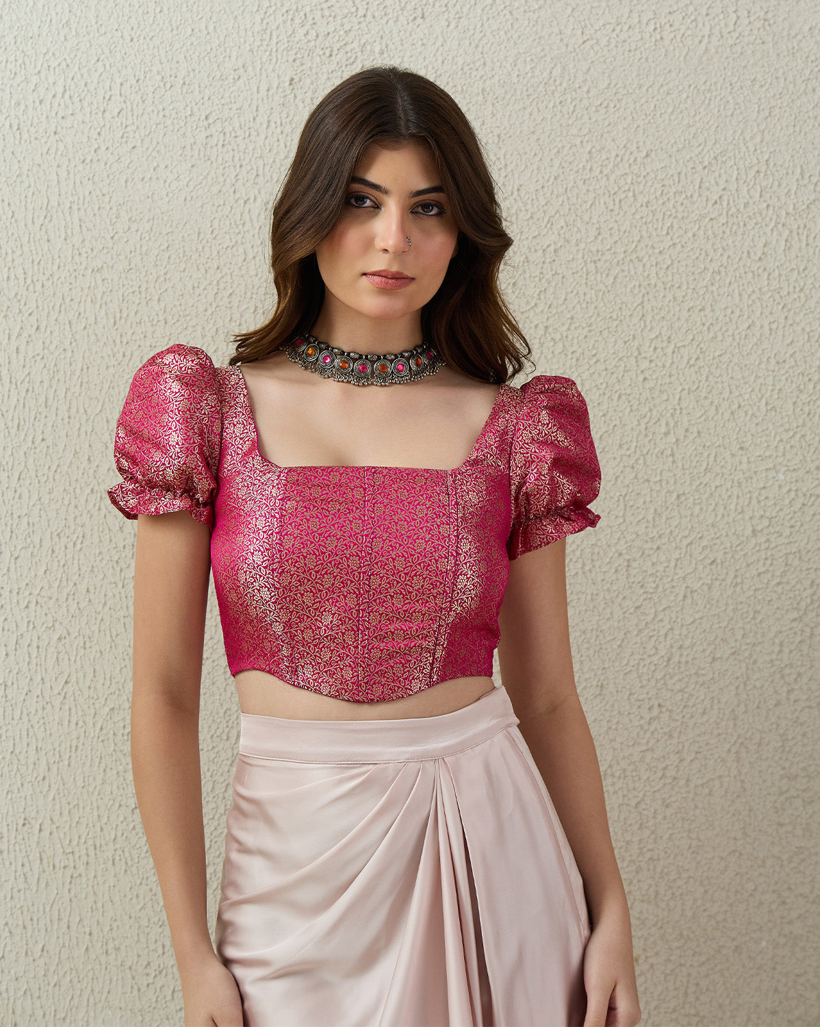 topwear,tops,ethnic, indo-western,ethnic wear, festive wear, indian wear, summer,woven,brocade,banarasi brocade,fuschia pink,floral pattern,textured,zipper,skinny fit,corset,crop,curved hem,square neck,no straps,puff sleeves,short sleeves, OY2090 fuschia pink, 25070041GG