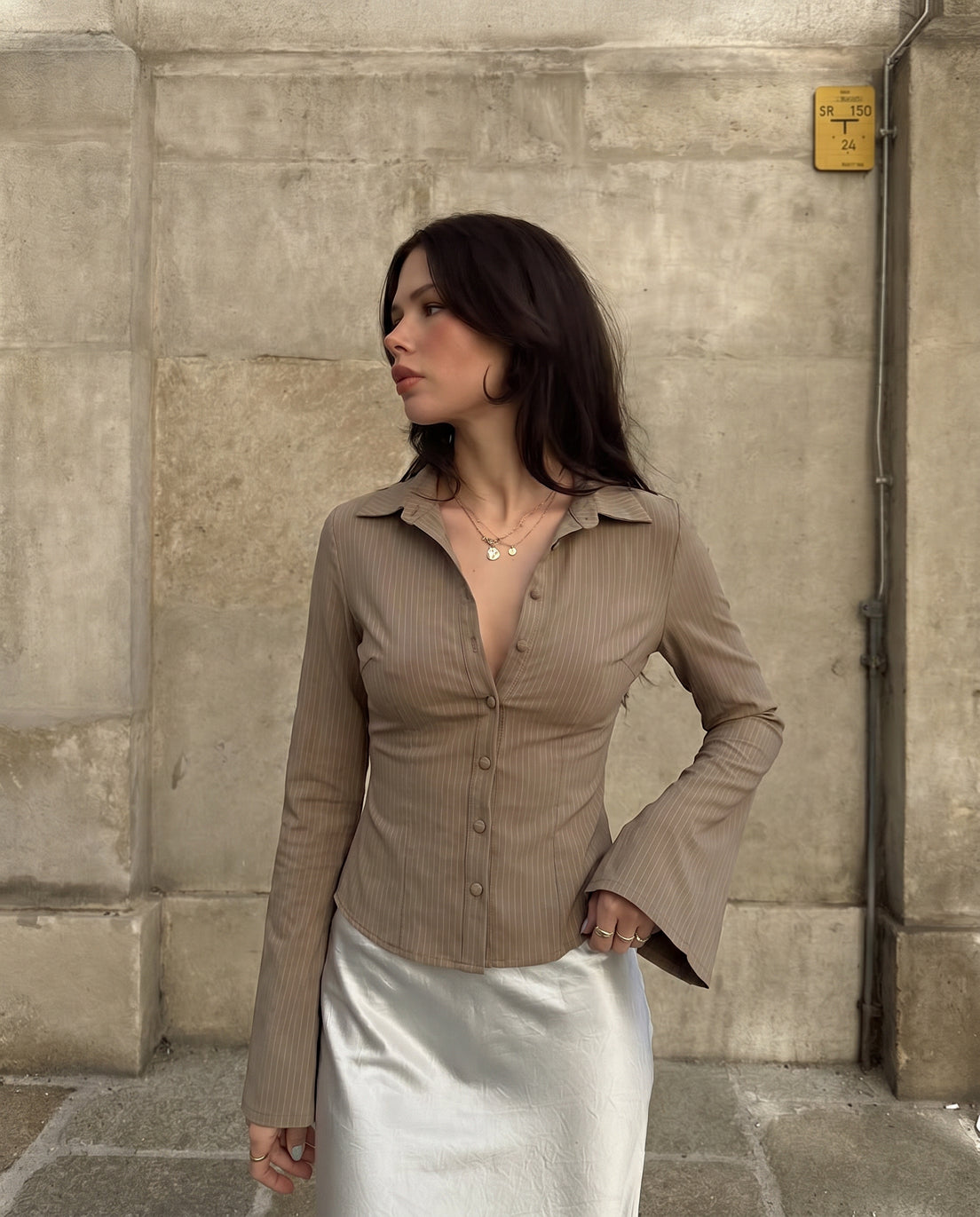 Pinstripes Flared Sleeves Shirt In Beige