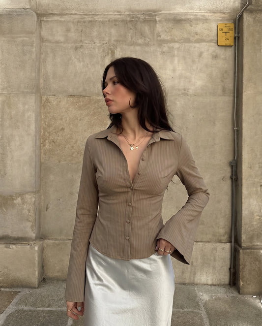 Pinstripes Flared Sleeves Shirt In Beige
