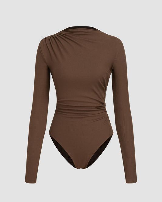 topwear,tops,casual chic, vacation,gen z, glam, summer,knitted, stretchable,ribbed,brown,solid,ruched,skinny fit,bodysuit,longline,crew neck,no straps,set in sleeves,long sleeves	25080015GG, oy1253