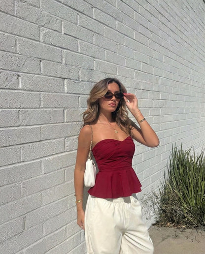 Cherry Red Bandeau Peplum Top
