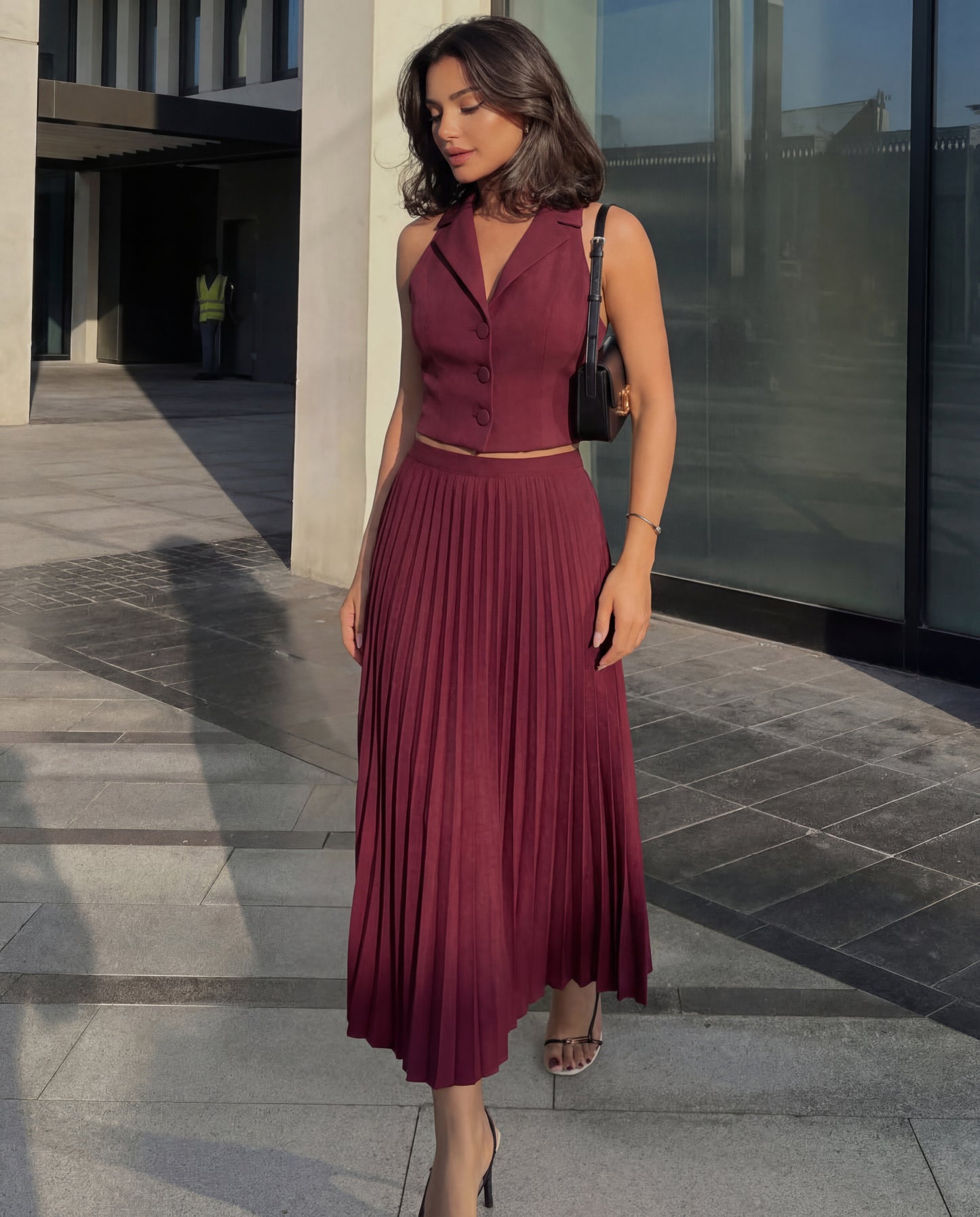 Maroon Pleated Skirt and Top Co-Ord Set