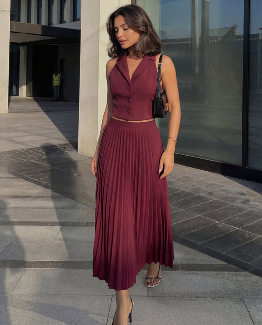 Maroon Pleated Skirt and Top Co-Ord Set