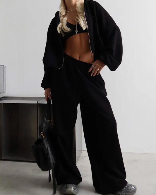 coord sets,bottomwear, topwear,casual, casual chic, vacation,athleisure, minimal, streetwear,knitted, woven,fleece,black,solid,ruched hem,drawstring,regular fit top,hoodie top,waist length top,gathered hem,hooded neck,no straps,long sleeves,long sleeves,zipper,trousers,Joggers,full length,mid rise waist,no pockets, OY2193, 25090052GG