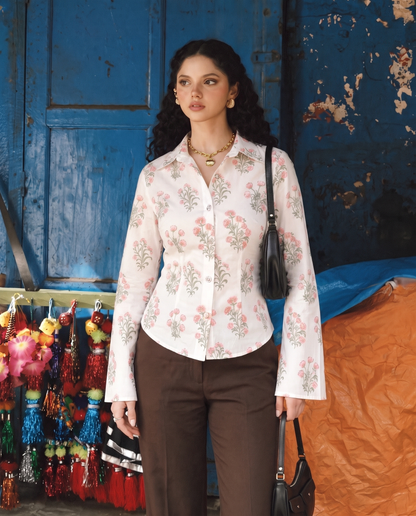 White Block Print Bell Sleeve Top