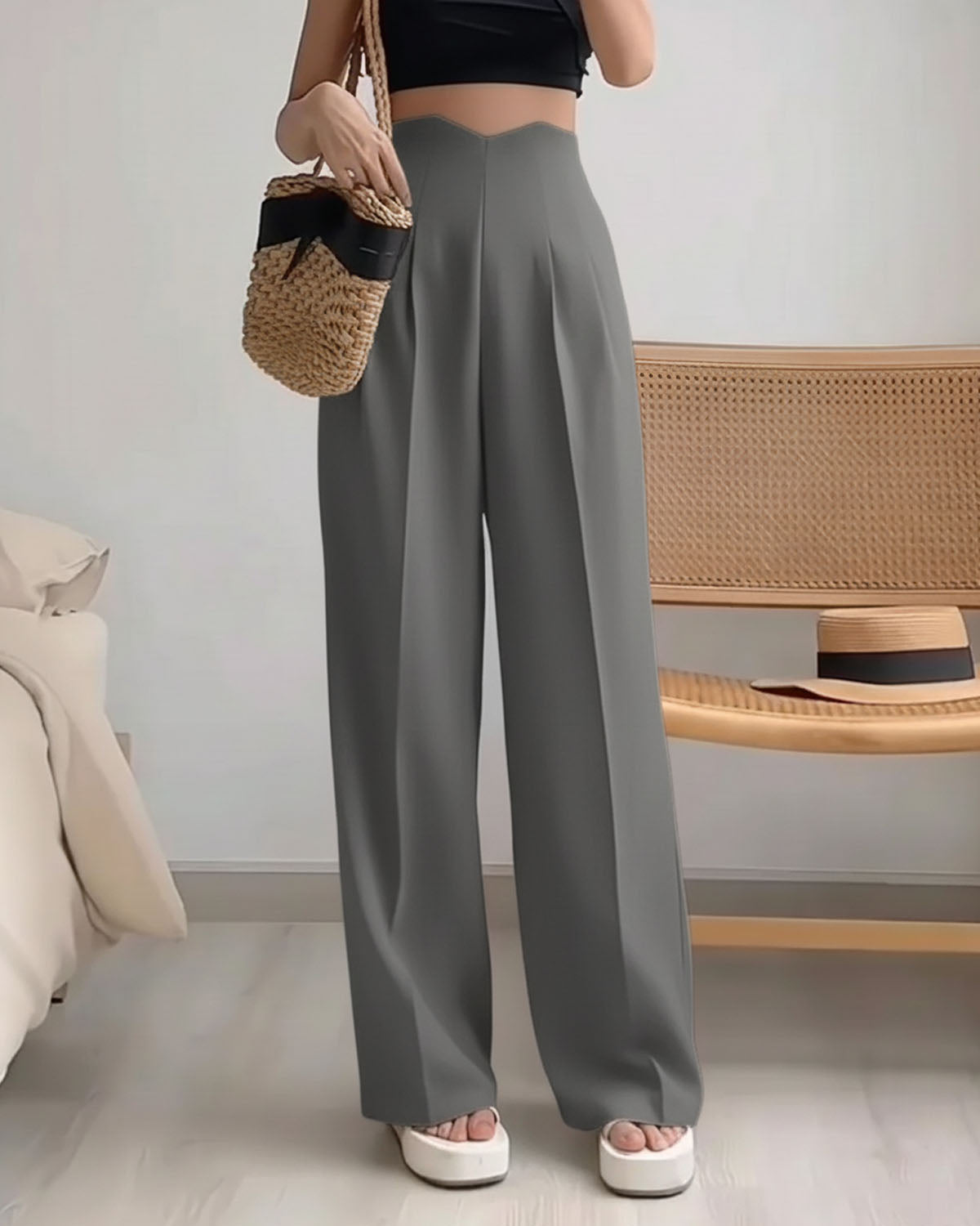 bottomwear,pants,semi-formal,business outfit,stretchable,polyester, spandex,light grey,pleated,straight fit,straight,full length,high rise, OY956- light grey, 25090070GG