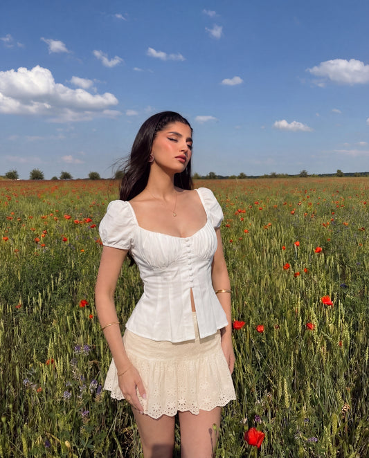 White Button Up Ruched Peplum Top