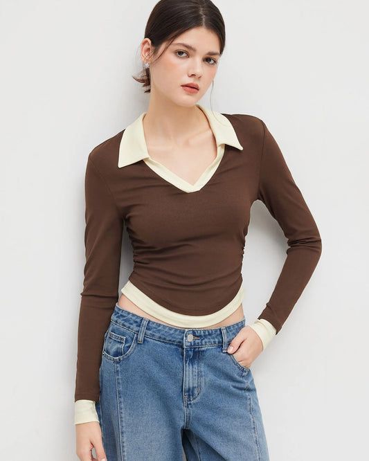 topwear,tops,casual, casual chic,gen z, millenial, minimal, summer,knitted, stretchable,ribbed,brown,color block, solid,contrast,slim fit,fitted,waist length,straight hem,collared,no straps,set in sleeves,short sleeves, OY2154, 25080016GG
