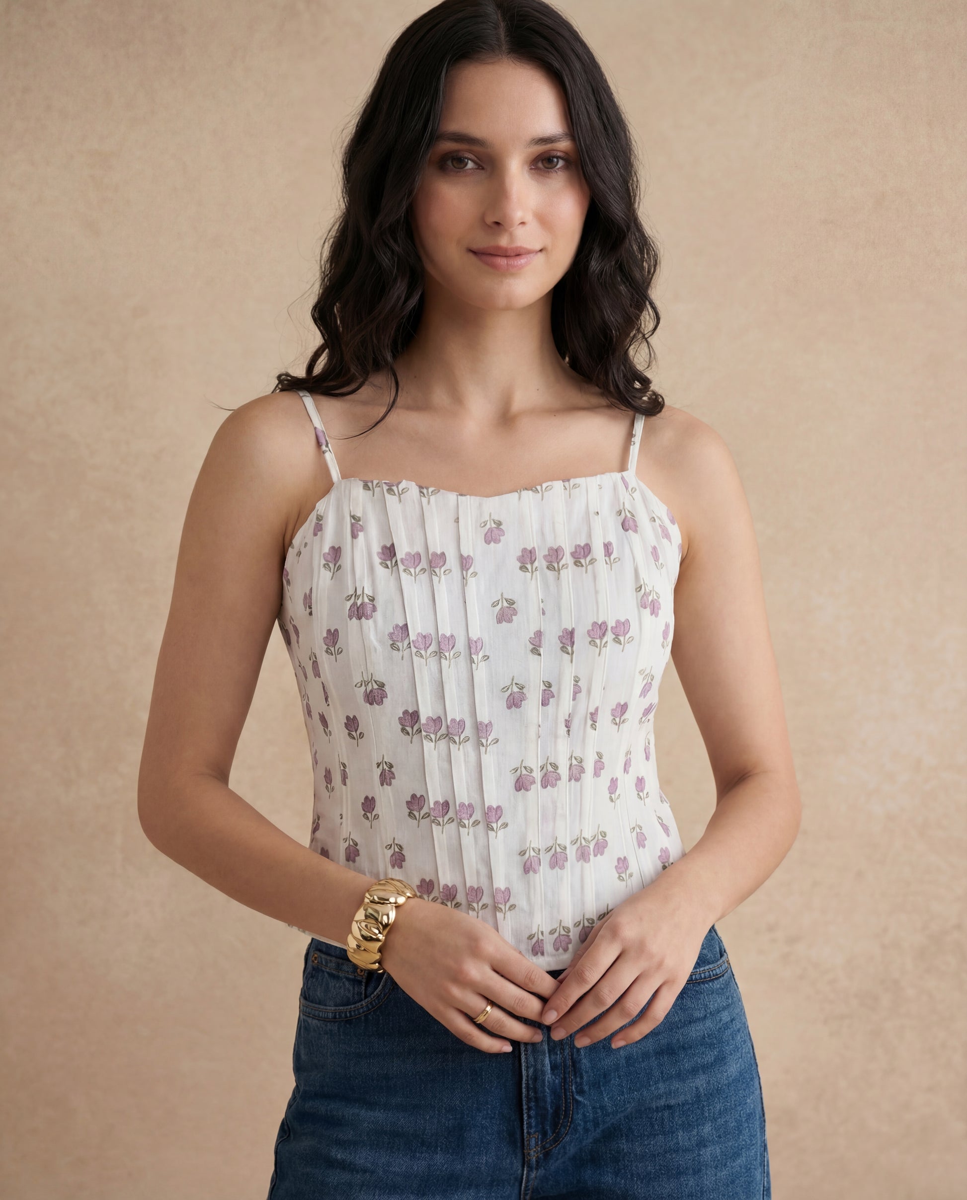 topwear,tops,ethnic, indo-western,ethnic wear, festive wear, indian wear, summer, casual,woven,poly cambric,printed,white,floral print,panelling,zipper,skinny fit,slim fit top,waist length,straight hem,sweetheart neck,shoulder strap,no sleeves,sleeveless	OY3009, 25070049GG