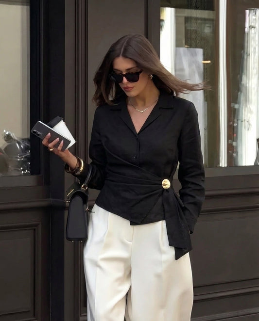 Black Wrap Detail Shirt with Gold Accent