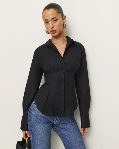 topwear,tops, shirts,casual, semi-formal, outdoor events,minimal, summer, timeless,woven,cotton,black,solid,button,slim fit,shirt,longline,flared hem,spread collar,,cuff sleeves,long sleeves, OY1911, 25060011GG