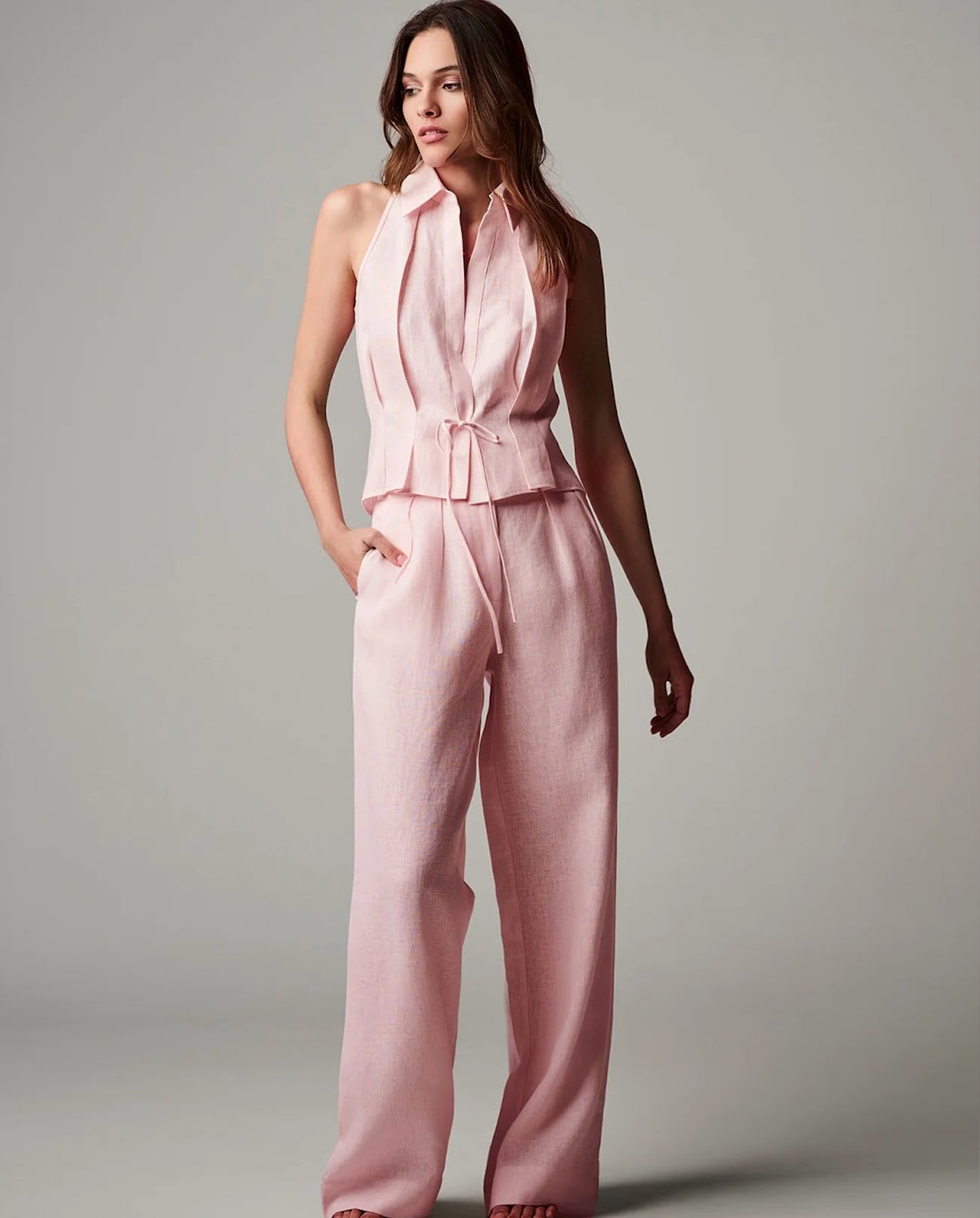 Tailored Vest Linen Blend Top & Pants Co-Ord Set Pink